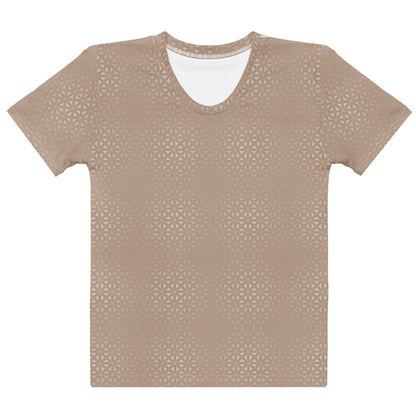 This super soft handmade custom women's shirt is a light beige color with even lighter metallic lines overlayed overtop, it looks like a floral pattern across the entire shirt.