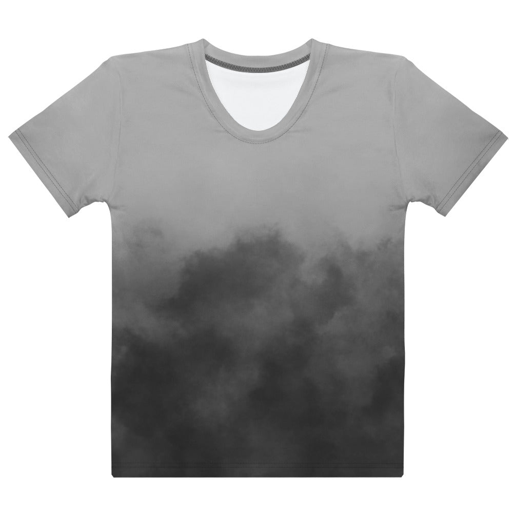 This custom women's short sleeve shirt has a very unique design with the top of the shirt being a light grey and the bottom is a dark slate grey that looks like it's smoke billowing up from the bottom of the shirt to the top of the shirt.
