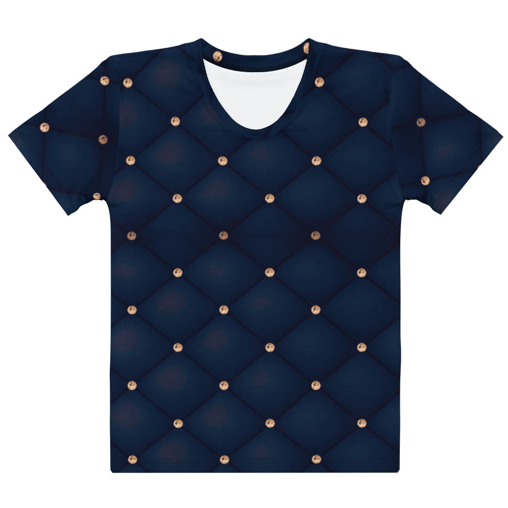 This custom handmade women's short sleeve tee has a quilted diamond pattern in a navy blue, at the crossing of each line there is a diamond that makes this shirt stand out even more.