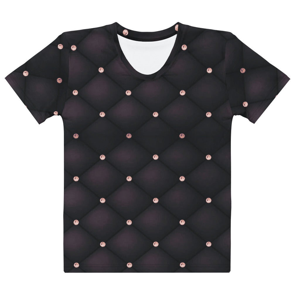 This custom handmade women's t-shirt is an eggplant purple color in a quilted pattern with diamonds on each intersecting line. The lines are a darker shade eggplant giving the shirt a 3d design.