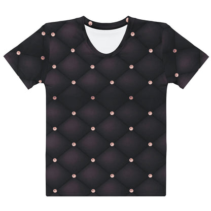 This custom handmade women's t-shirt is an eggplant purple color in a quilted pattern with diamonds on each intersecting line. The lines are a darker shade eggplant giving the shirt a 3d design.