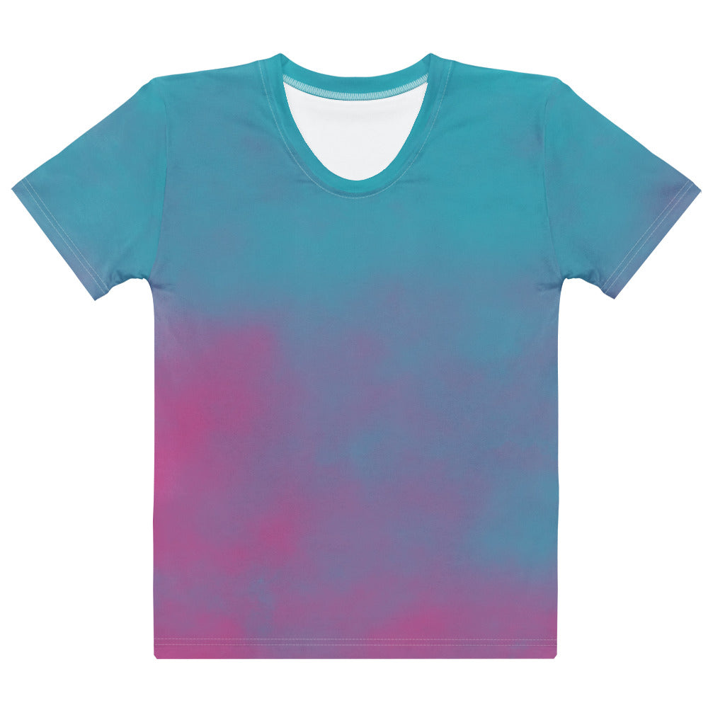 This super soft custom handmade women's t-shirt is a vibrant ocean blue with a hot pink smoke design overlayed coming from the bottom of the shirt and fading to the top.