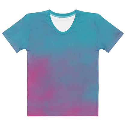 This super soft custom handmade women's t-shirt is a vibrant ocean blue with a hot pink smoke design overlayed coming from the bottom of the shirt and fading to the top.