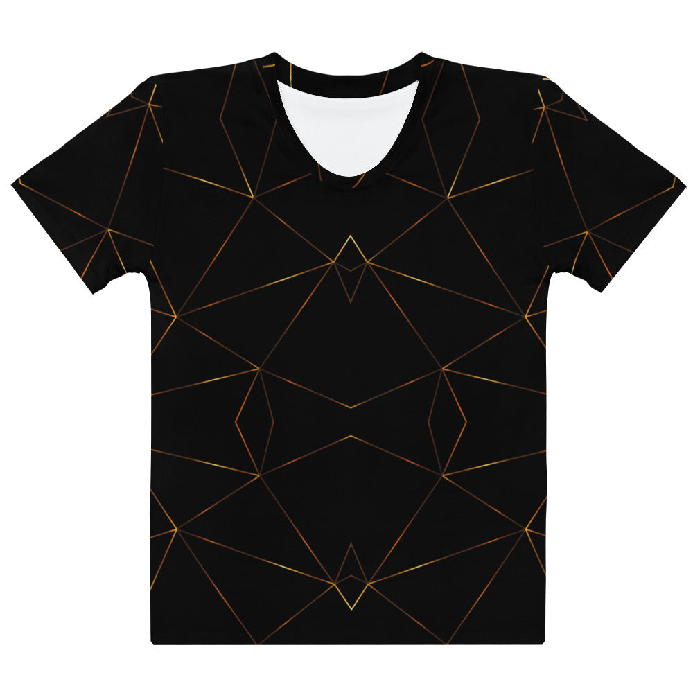 This custom designed handmade women's t-shirt is all black with gold lines that are throughout the shirt in a geometric pattern, the lines are different shades of gold making it look like it is glowing.