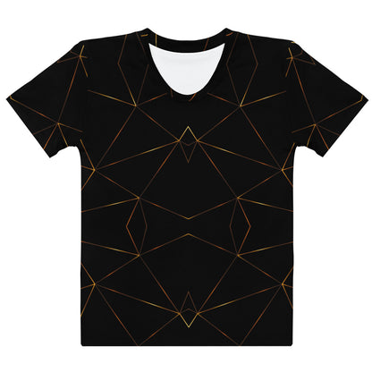 This custom designed handmade women's t-shirt is all black with gold lines that are throughout the shirt in a geometric pattern, the lines are different shades of gold making it look like it is glowing.