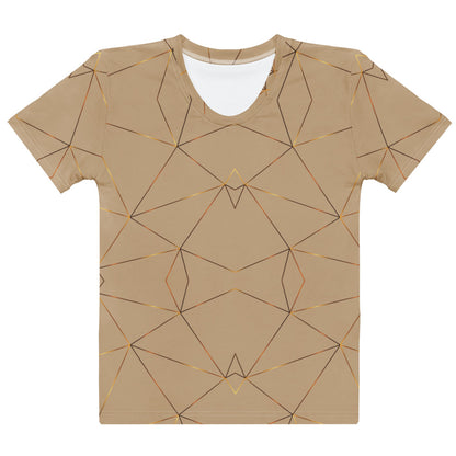 This custom women's handmade short sleeve shirt is a light beige color with with gold lines all over the shirt in a geometric pattern, some spots of the gold lines are brighter than others making it seem like the gold lines are glowing.