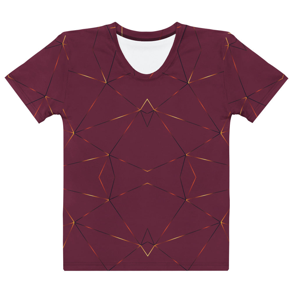 This custom designed handmade women's t-shirt is maroon in color with gold lines throughout the shirt in a geometric patterns, the lines are different shades of gold making it look like it is glowing on the shirt.