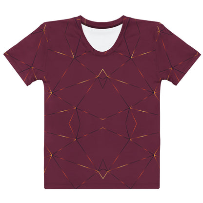 This custom designed handmade women's t-shirt is maroon in color with gold lines throughout the shirt in a geometric patterns, the lines are different shades of gold making it look like it is glowing on the shirt.