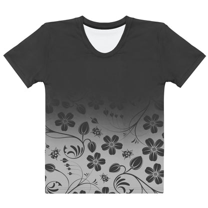 This custom handmade women's short sleeve tee has a ombre design with the top of the shirt being a dark slate grey, then fading to a light grey at the waistline, there is a floral design with flowers and leaves overlayed on the top of the ombre pattern at the bottom that is in the same color of dark slate as on the top.