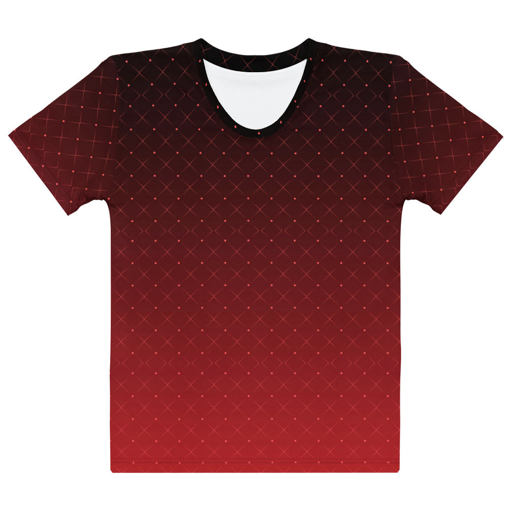This completely custom women's shirt has a ombre pattern with it starting as a deep crimson red at the neckline of the shirt then fading to a bright red at the waistline, there is a crisscross pattern overlayed on the top in a light red color that makes the design look like it is glowing.