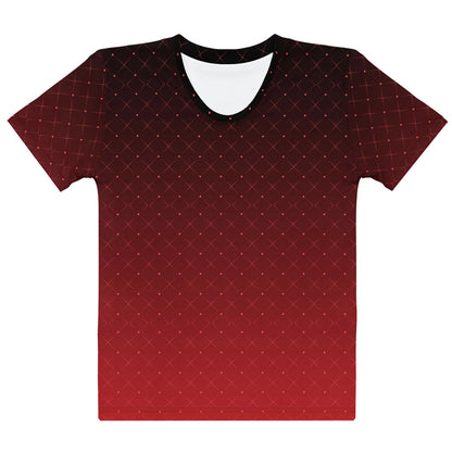 This completely custom women's shirt has a ombre pattern with it starting as a deep crimson red at the neckline of the shirt then fading to a bright red at the waistline, there is a crisscross pattern overlayed on the top in a light red color that makes the design look like it is glowing.
