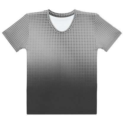 This custom super soft women's handmade t-shirt has an ombre pattern with the top of the shirt being a light grey color, that then fades to a dark slate grey at the bottom of the shirt, there is a gradient dot pattern overlayed on the top of the ombre design that is the same color as the dark slate grey at the bottom.