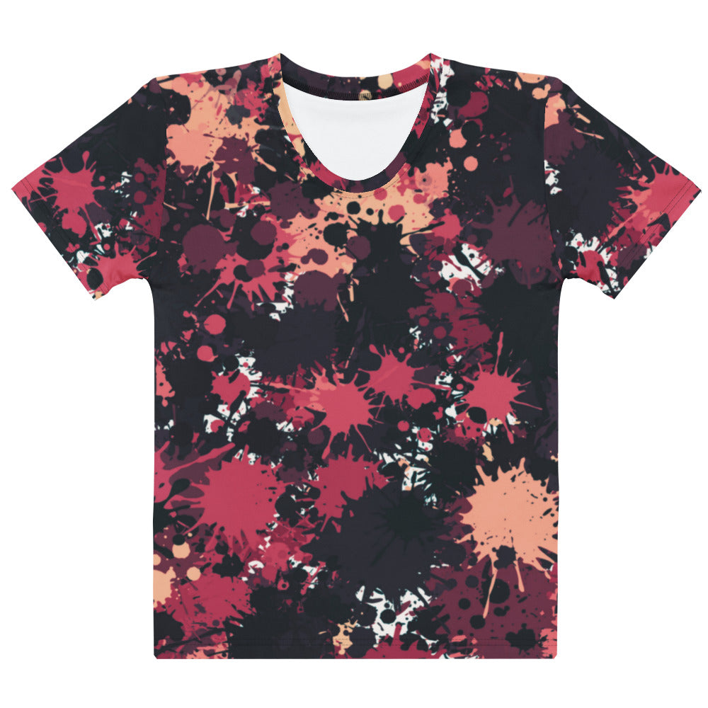 This completely custom super soft handmade women's t-shirt is all black with a bunch of different color paint splashes all over the shirt from red, pink, peach, burgundy, maroon and white. This shirt is perfect for painters or people who love art