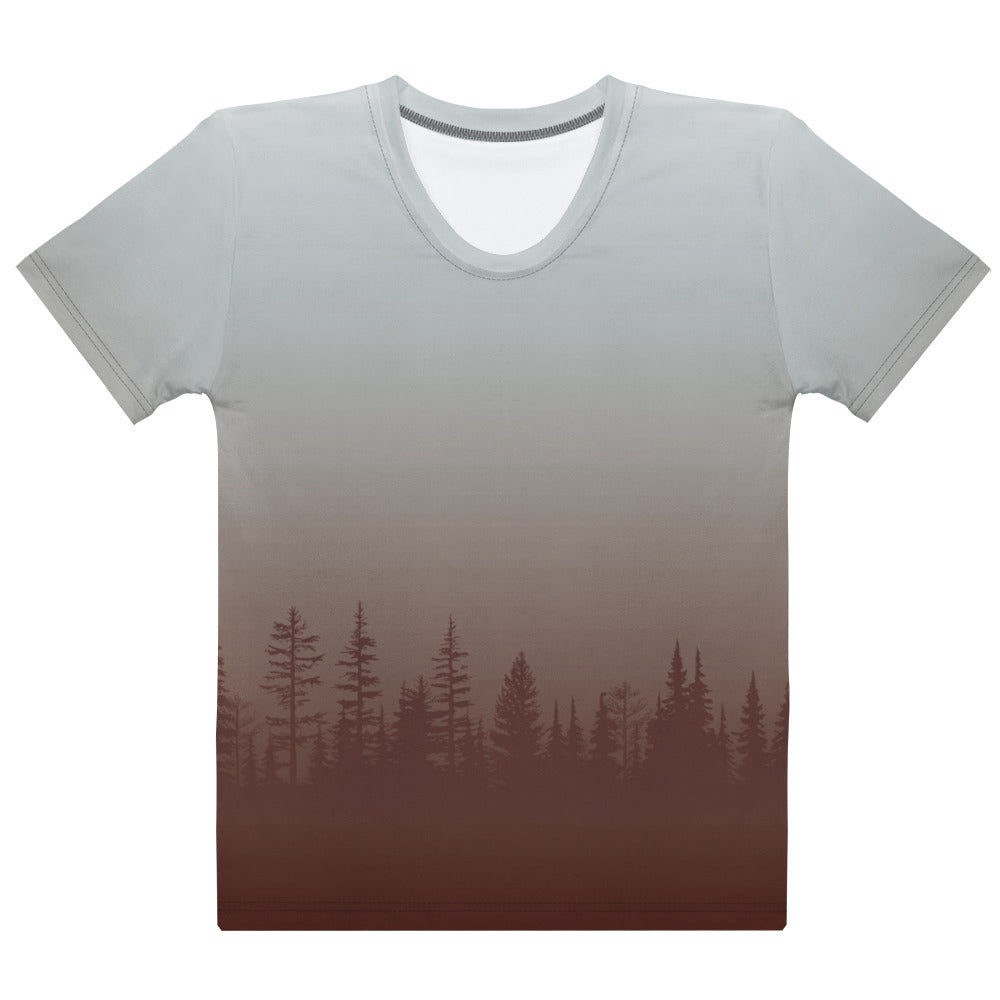 This custom handmade women's short sleeve shirt has an ombre pattern with the bottom of the shirt being a solid maroon color then it fading to a light grey by the time it gets to the neckline, right when the color changes from maroon to grey there are a row of maroon colored pine trees fading into the grey.