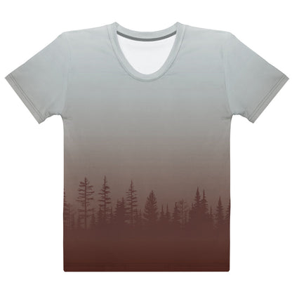 This custom handmade women's short sleeve shirt has an ombre pattern with the bottom of the shirt being a solid maroon color then it fading to a light grey by the time it gets to the neckline, right when the color changes from maroon to grey there are a row of maroon colored pine trees fading into the grey.
