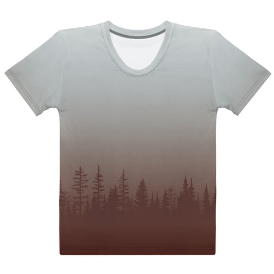 This custom handmade women's short sleeve shirt has an ombre pattern with the bottom of the shirt being a solid maroon color then it fading to a light grey by the time it gets to the neckline, right when the color changes from maroon to grey there are a row of maroon colored pine trees fading into the grey.