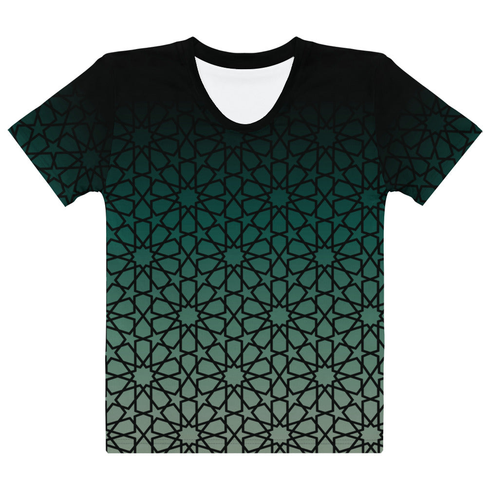 This super soft custom handmade women's tee has a unique and custom ombre floral design, with the top of the shirt being a dark jade green then it fades to a light green at the bottom, there is a dark jade green floral pattern overlayed across the entire shirt.