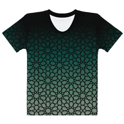 This super soft custom handmade women's tee has a unique and custom ombre floral design, with the top of the shirt being a dark jade green then it fades to a light green at the bottom, there is a dark jade green floral pattern overlayed across the entire shirt.