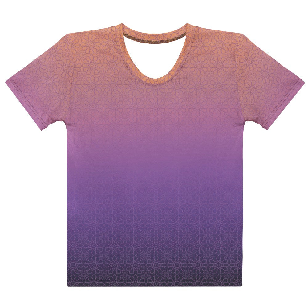 This completely custom handmade women's short sleeve tee has an ombre floral pattern with the shirt being a peach color at the neckline then fading to a lilac purple in the middle then a dark purple at the bottom, there is a lilac purple floral pattern overlayed across the top of the ombre design.