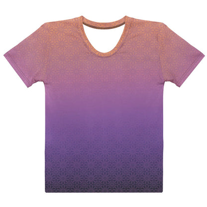 This completely custom handmade women's short sleeve tee has an ombre floral pattern with the shirt being a peach color at the neckline then fading to a lilac purple in the middle then a dark purple at the bottom, there is a lilac purple floral pattern overlayed across the top of the ombre design.