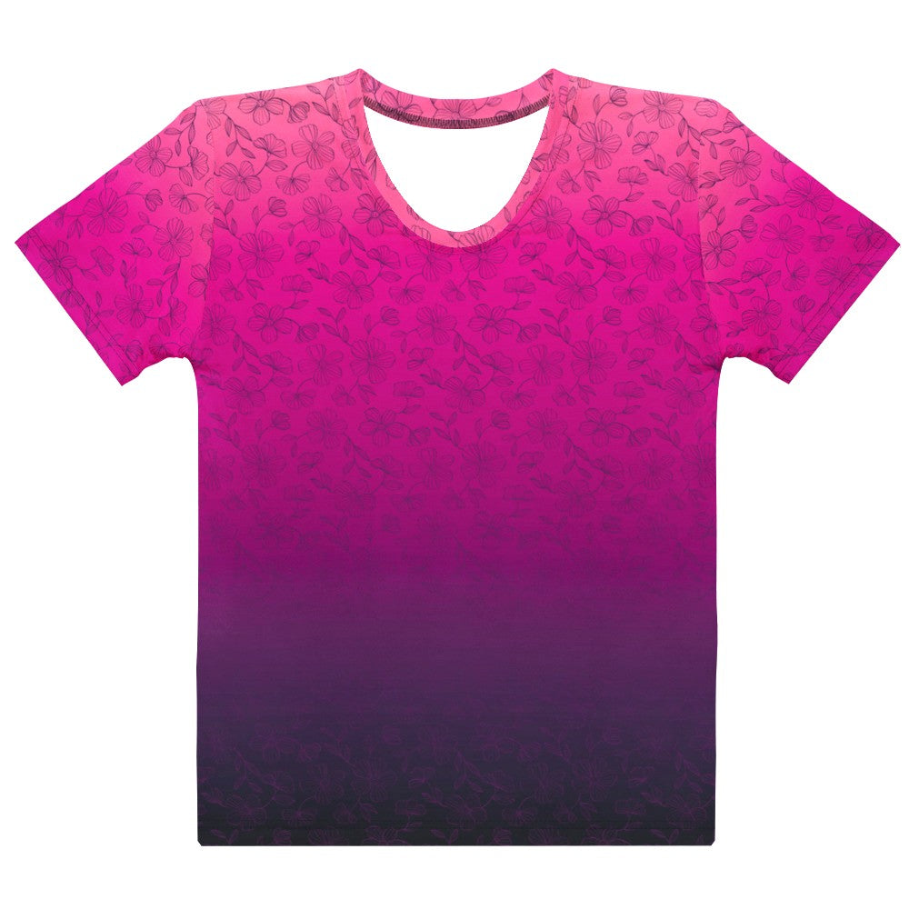 This super soft custom handmade women's tee features an ombre floral design with the top of the shirt being a bright peach color then it fading to a hot pink then it fades to a dark purple at the very bottom of the shirt, there is a dark purple floral pattern overlayed on top then fades into the bottom of the shirt.