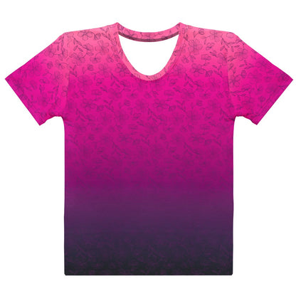 This super soft custom handmade women's tee features an ombre floral design with the top of the shirt being a bright peach color then it fading to a hot pink then it fades to a dark purple at the very bottom of the shirt, there is a dark purple floral pattern overlayed on top then fades into the bottom of the shirt.