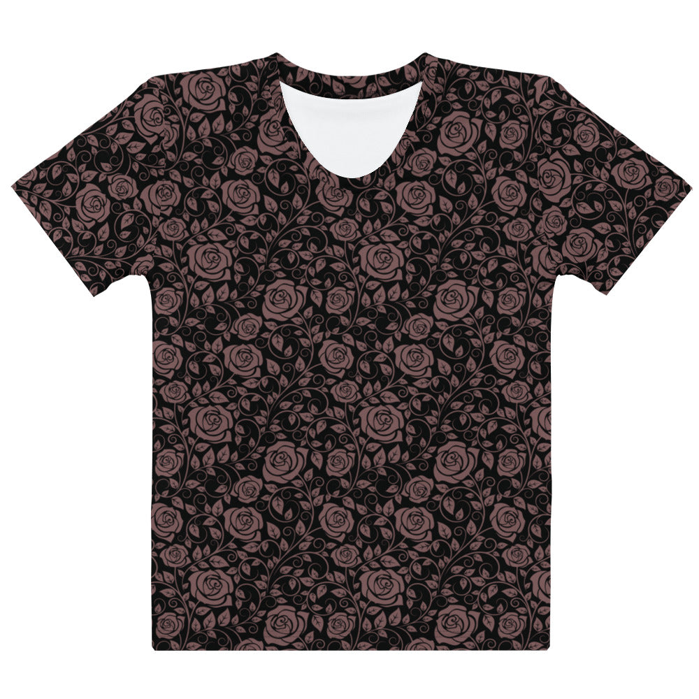 This completely custom women's handmade short sleeve t-shirt is all black with mauve colored roses all over the shirt.