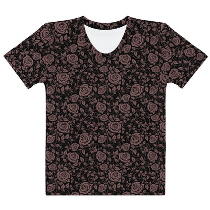 This completely custom women's handmade short sleeve t-shirt is all black with mauve colored roses all over the shirt.