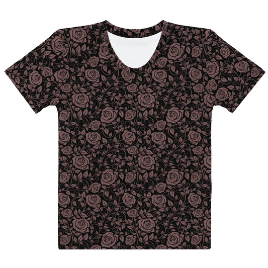 This completely custom women's handmade short sleeve t-shirt is all black with mauve colored roses all over the shirt.