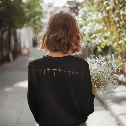 On the back of this Christian long sleeve shirt is a large wooden Jesus cross in between the shoulder blades, the Jesus cross then keeps getting smaller and smaller till it fades right off the shirt giving it a amazing 3D look on the back.