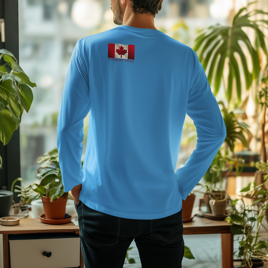On the back left shoulder blade of this unisex long sleeve shirt is a red Canadian flag that has the words In God We trust underneath the flag, perfect for those wishing to represent God and their country.