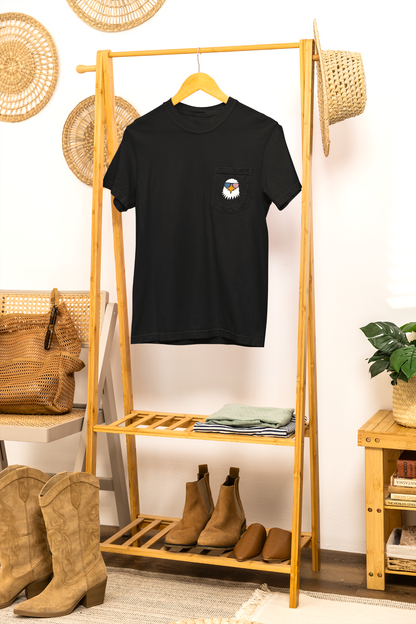 On the front of this custom t-shirt is a image of a bald eagle wearing a pair of sunglasses that have the American flag in the lenses.