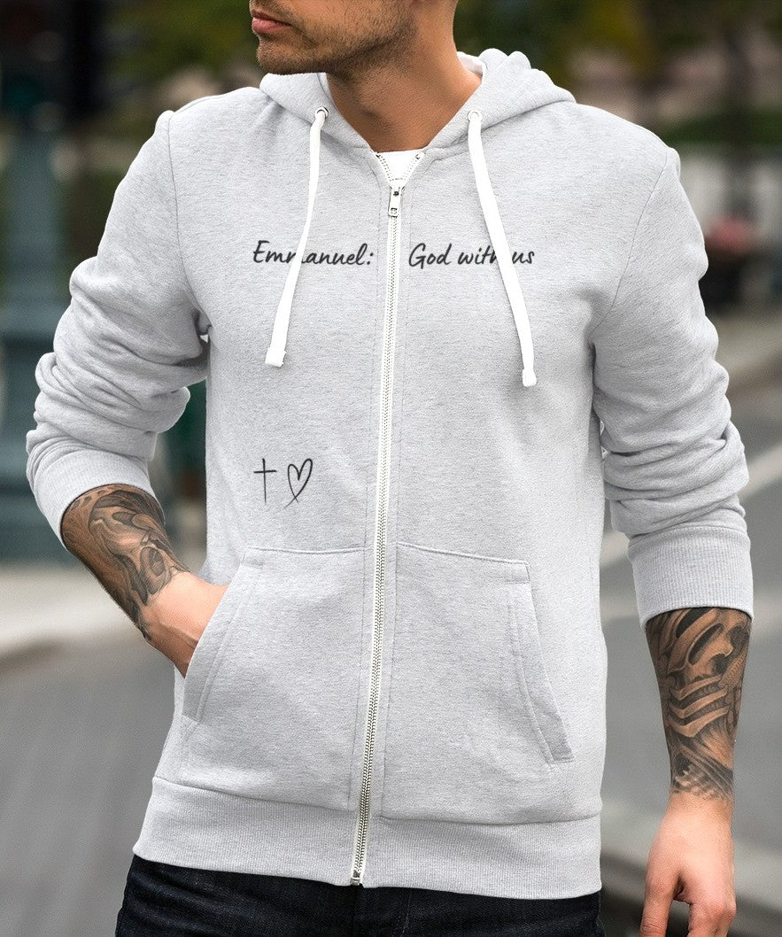 This Unisex Heavy Blend™ Full Zip Hooded Sweatshirt features the words Emmanuel God With Us on the upper chest and an image of a cross with a heart above the pocket.