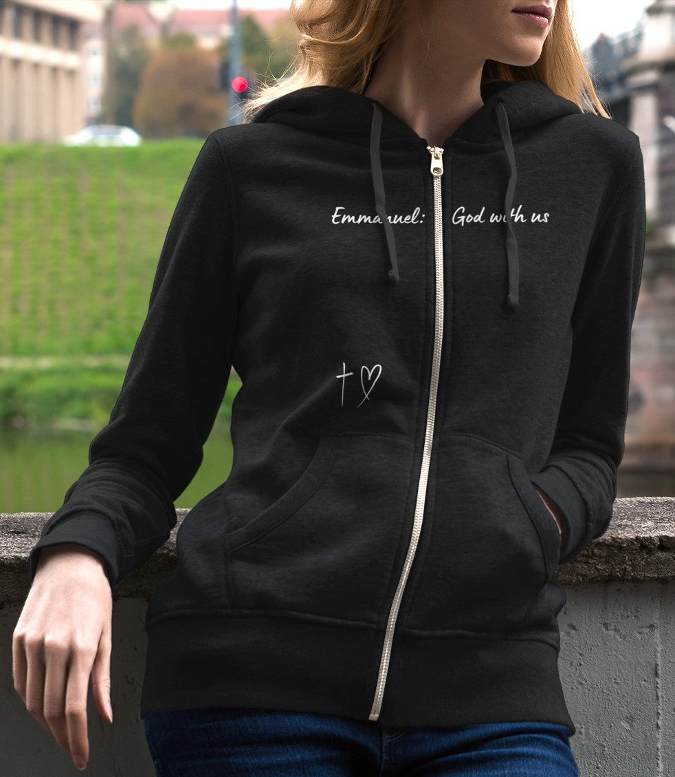 This Unisex Heavy Blend™ Full Zip Hooded Sweatshirt features the words Emmanuel God With Us on the upper chest and an image of a cross with a heart above the pocket.