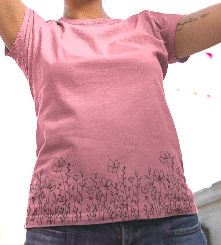 This completely custom super soft women's handmade short sleeve tee can be fully personalized with you able to choose whatever color of shirt you would prefer along with the wildflower design in black along the entire bottom of the t-shirt.