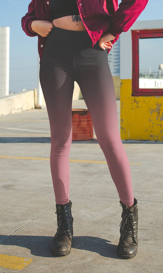 These custom handmade high waisted women's leggings have a ombre pattern that start with black on the top then shifts to a dark mauve at the bottom of the pants.