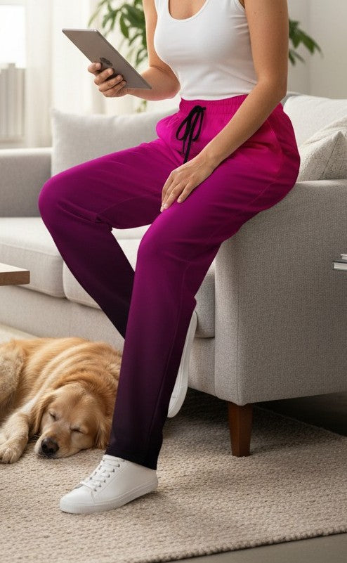 The super soft pair of wide leg joggers start as a bright pink color on the top of the pant then fade to a black at the bottom of the sweats giving the pants a beautiful ombre design.