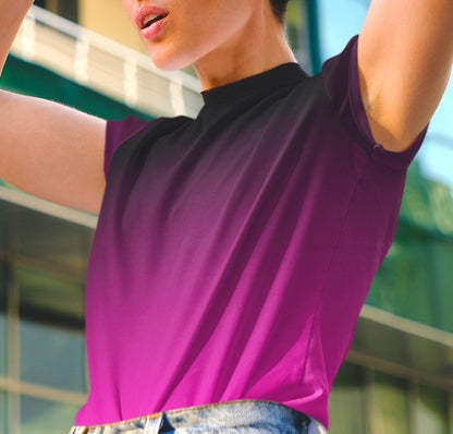 This custom handmade women's short sleeve shirt is a vibrant hot pink at the bottom then it fades in a ombre pattern to a black up at the neckline.