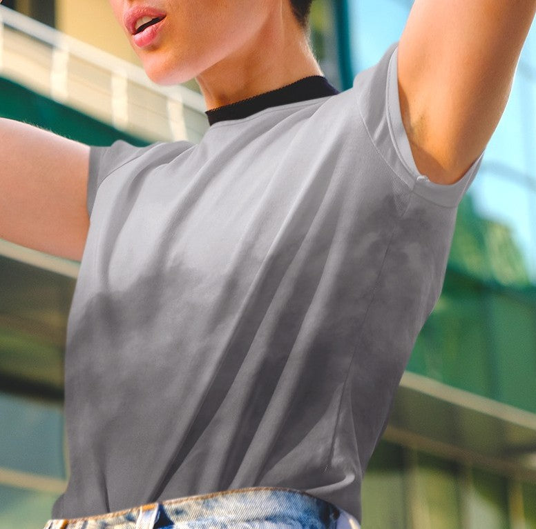 This custom women's short sleeve shirt has a very unique design with the top of the shirt being a light grey and the bottom is a dark slate grey that looks like it's smoke billowing up from the bottom of the shirt to the top of the shirt.