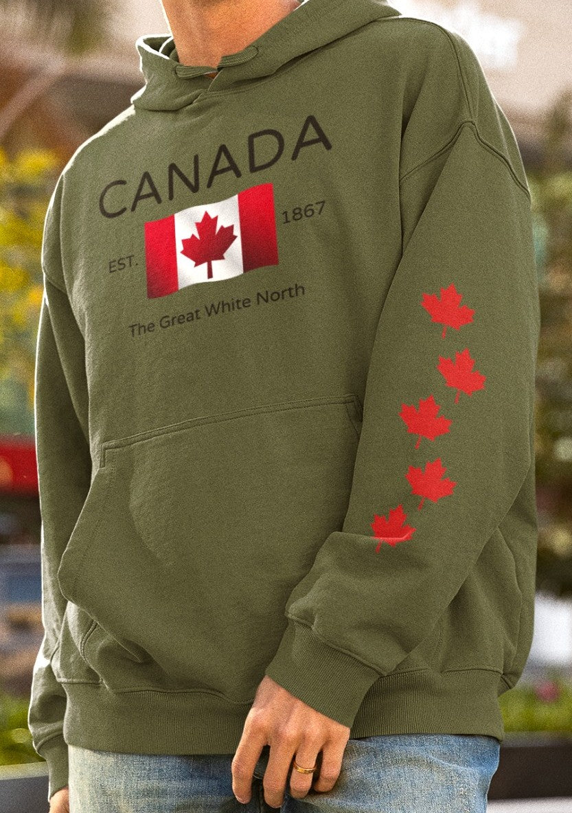 On the front of this custom unisex patriotic sweater is a Canadian flag that looks like it is flying in the wind, the words Canada The Great White North are underneath the flag with the word Est on the right side of the flag with the number 1867 being on the left side of the flag. Each are has red maple leaves that run down each sleeve to the cuff.