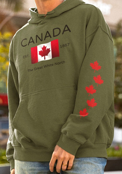 On the front of this custom unisex patriotic sweater is a Canadian flag that looks like it is flying in the wind, the words Canada The Great White North are underneath the flag with the word Est on the right side of the flag with the number 1867 being on the left side of the flag. Each are has red maple leaves that run down each sleeve to the cuff.
