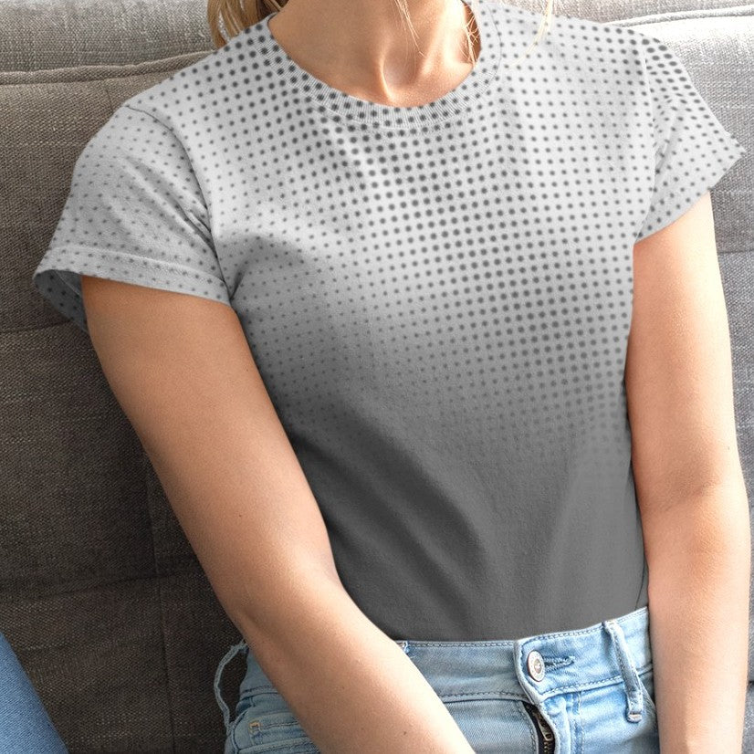 This custom super soft women's handmade t-shirt has an ombre pattern with the top of the shirt being a light grey color, that then fades to a dark slate grey at the bottom of the shirt, there is a gradient dot pattern overlayed on the top of the ombre design that is the same color as the dark slate grey at the bottom.