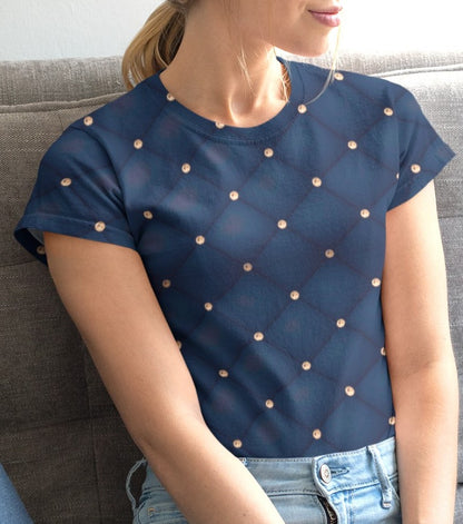 This custom handmade women's short sleeve tee has a quilted diamond pattern in a navy blue, at the crossing of each line there is a diamond that makes this shirt stand out even more.
