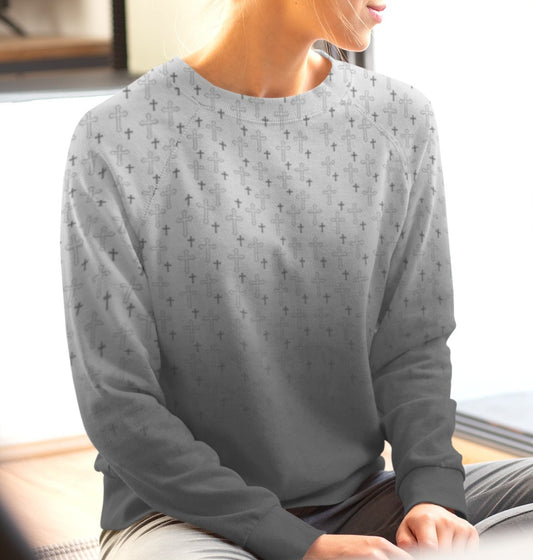 this custom Christian handmade sweater has a ombre design starting as grey on the top then fading to a slate grey then to a very dark grey at the bottom of the pullover, there are rows of Jesus cross's overlayed on top in a dark slate.