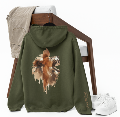 This custom Christian unisex hoodie features a image of a majestic male lion roaring with a Jesus cross overlayed overtop of the lion on the back of the hoodie, the bible verse Have No Fear Psalms 27:1 is on the right sleeve in gold cursive font.