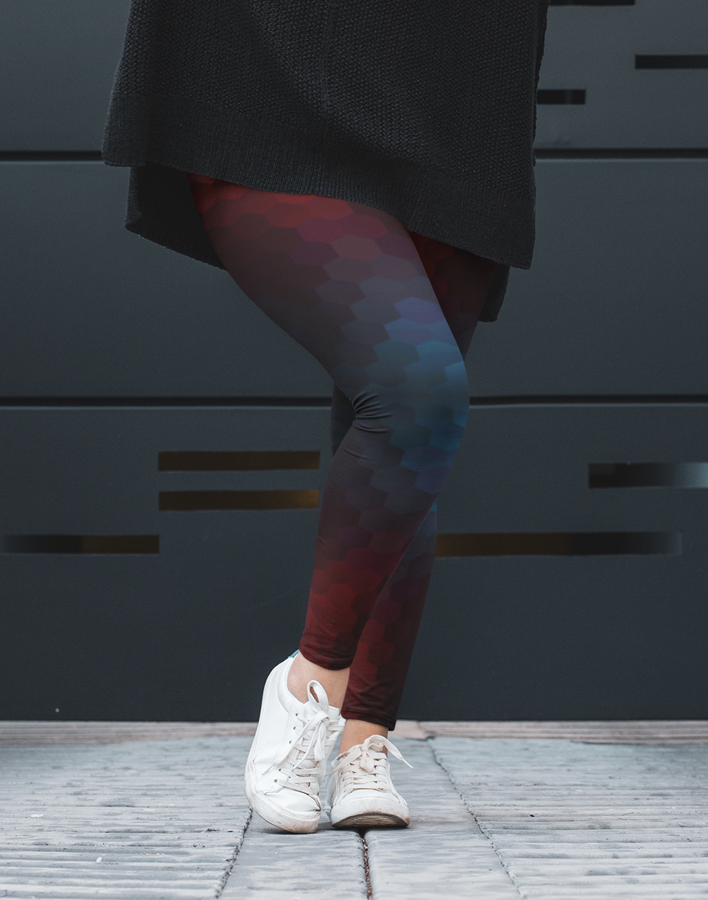 These custom high waisted women's leggings have an burgundy and teal octagon pattern throughout the entire pant that makes them look 3D with the colors shifting from lighter to darker in shade.