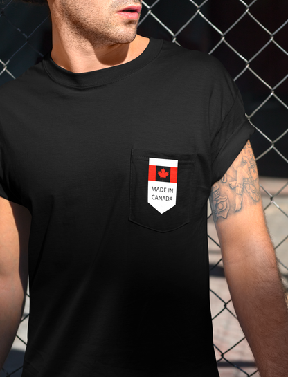 On the front pocket of this custom shirt is a Canadian flag with the words Made in Canada underneath the flag.