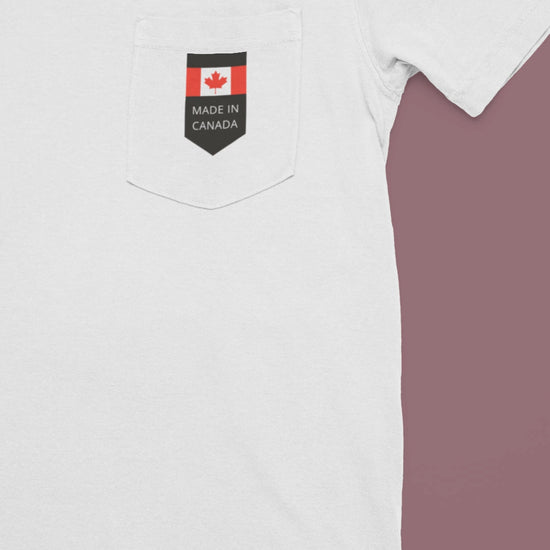 On the front pocket of this custom shirt is a Canadian flag with the words Made in Canada underneath the flag.