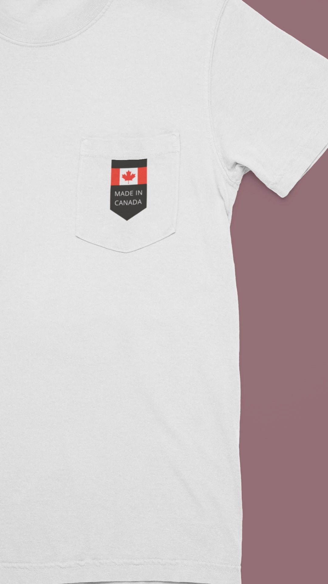 On the front pocket of this custom shirt is a Canadian flag with the words Made in Canada underneath the flag.