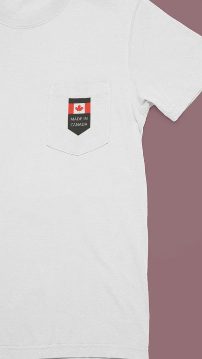 On the front pocket of this custom shirt is a Canadian flag with the words Made in Canada underneath the flag.